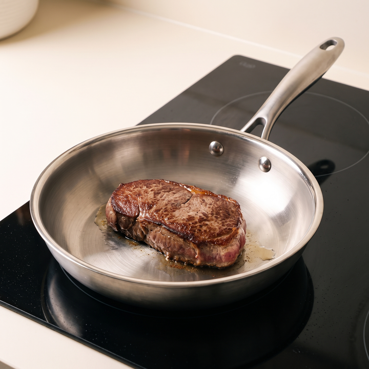 Steak en train de saisir dans une poêle inox sur plaque à induction, croûte brune en formation