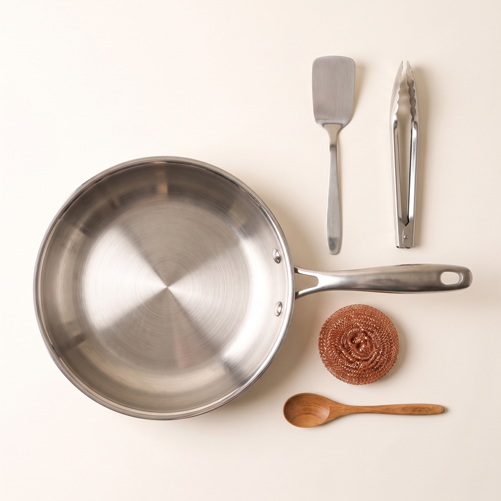 Poêle inox vue de dessus avec une spatule métal, une pince, une éponge en cuivre et une cuillère en bois