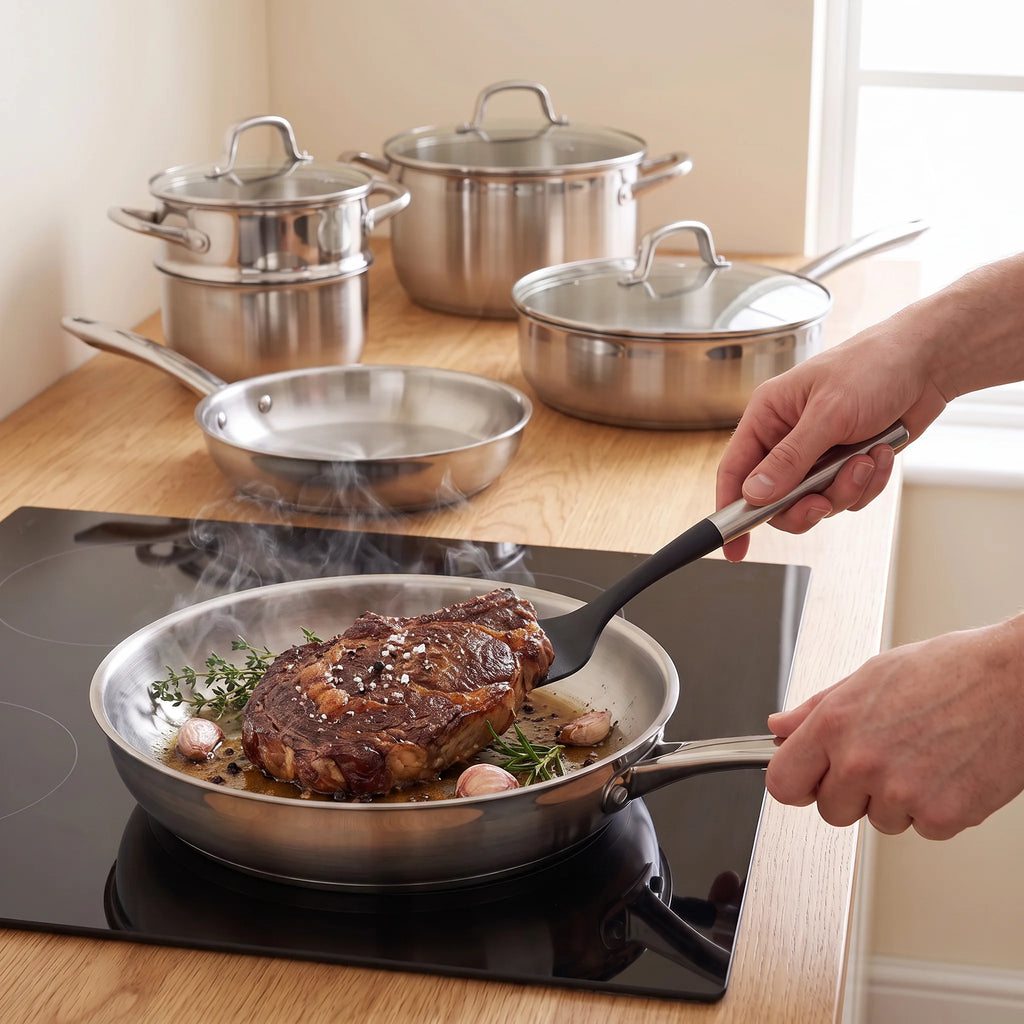 Côte de bœuf saisie à la spatule dans une poêle de la batterie 9 pièces, sur plaque à induction