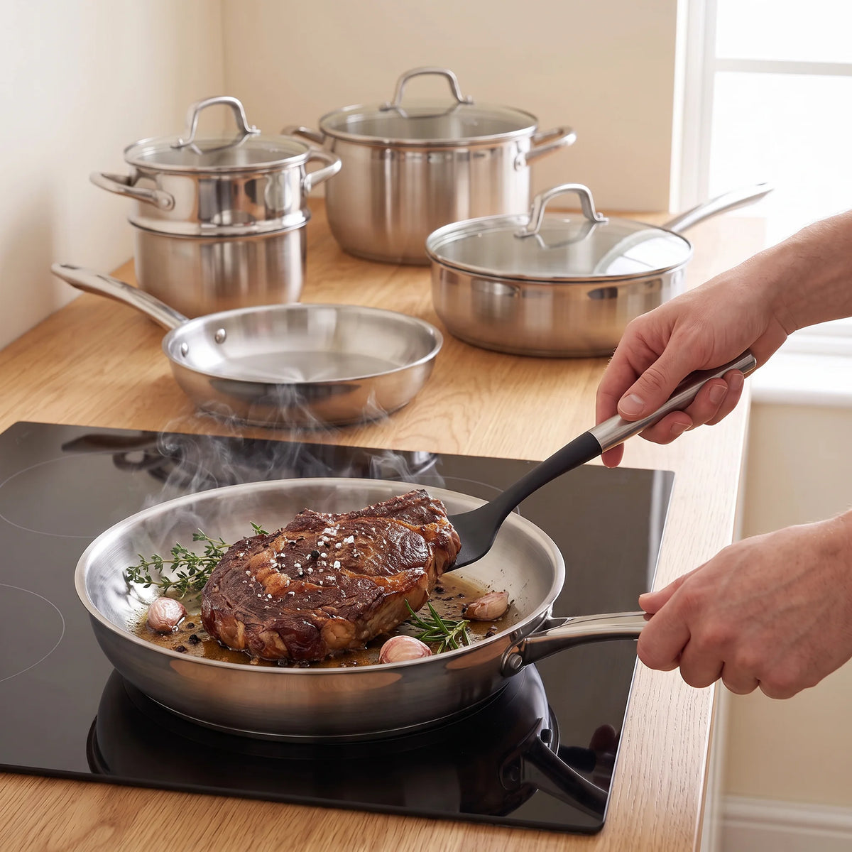 Côte de bœuf saisie à la spatule dans une poêle de la batterie 9 pièces, sur plaque à induction
