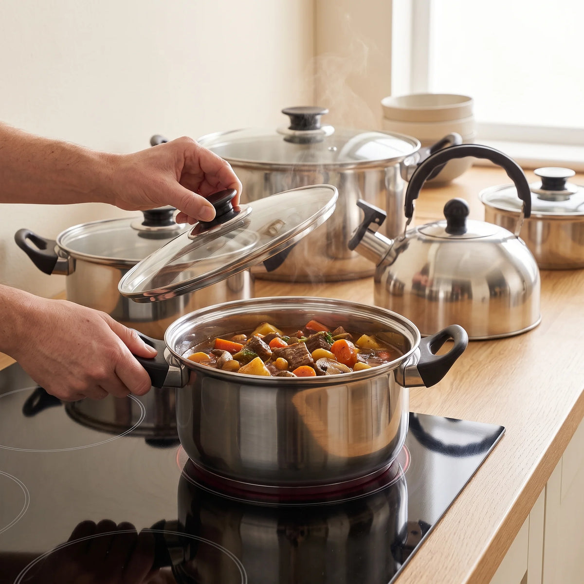 Couvercle soulevé sur un ragoût de bœuf et légumes qui mijote dans un faitout de la batterie 12 pièces