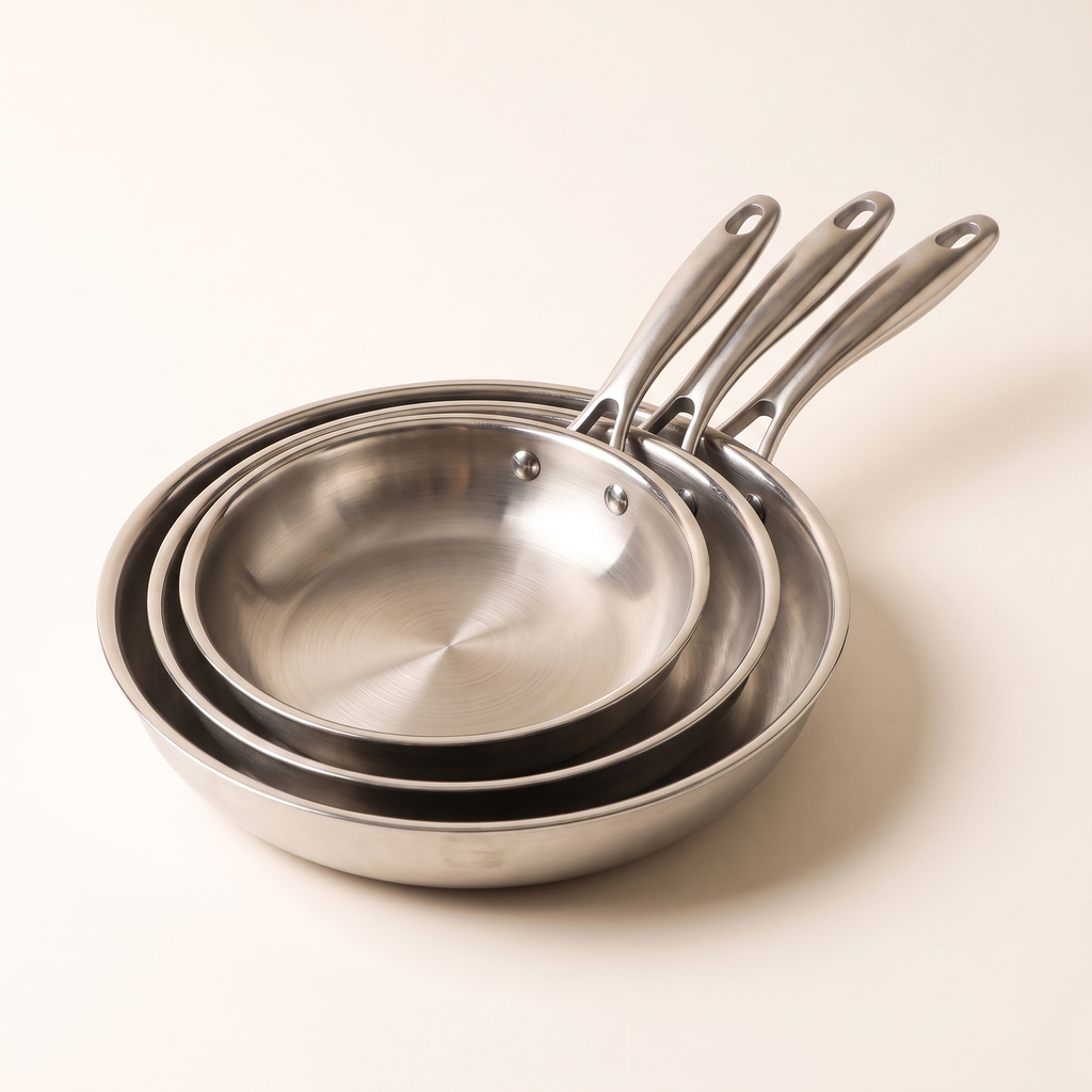 Trio de poêles inox Marthe emboîtées, manches en éventail