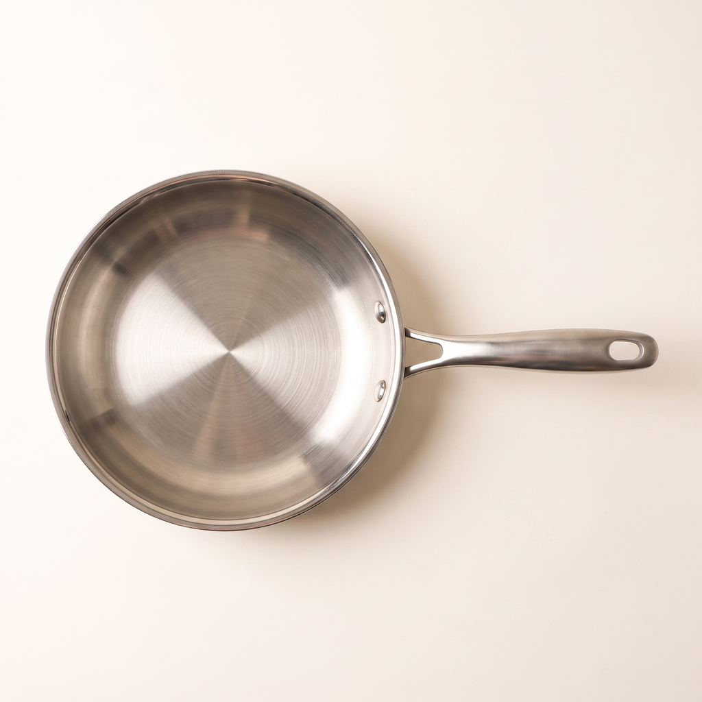 Poêle inox 28 cm vue de dessus, fond entier et trame circulaire