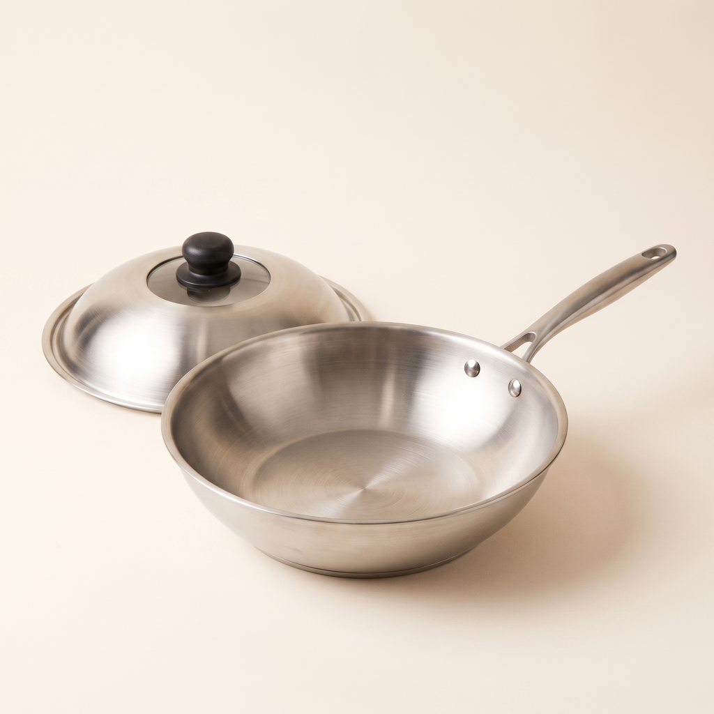 Wok inox 30 cm couvercle posé à côté, intérieur et deux rivets visibles