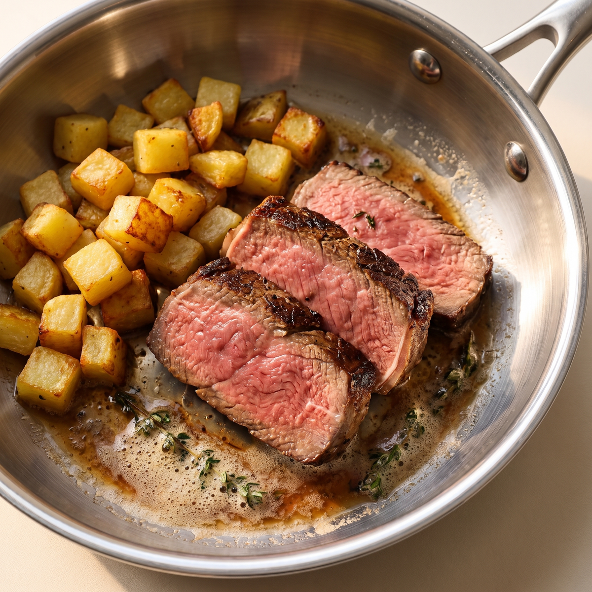 Filete de vacuno en lonchas y patatas salteadas con mantequilla en la sartén de acero inoxidable de 28 cm