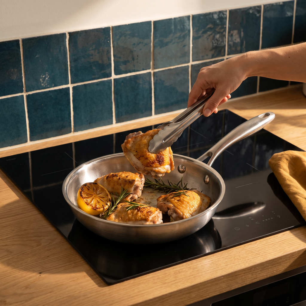 Cuisse de poulet soulevée à la pince dans la poêle inox 26 cm sur plaque à induction