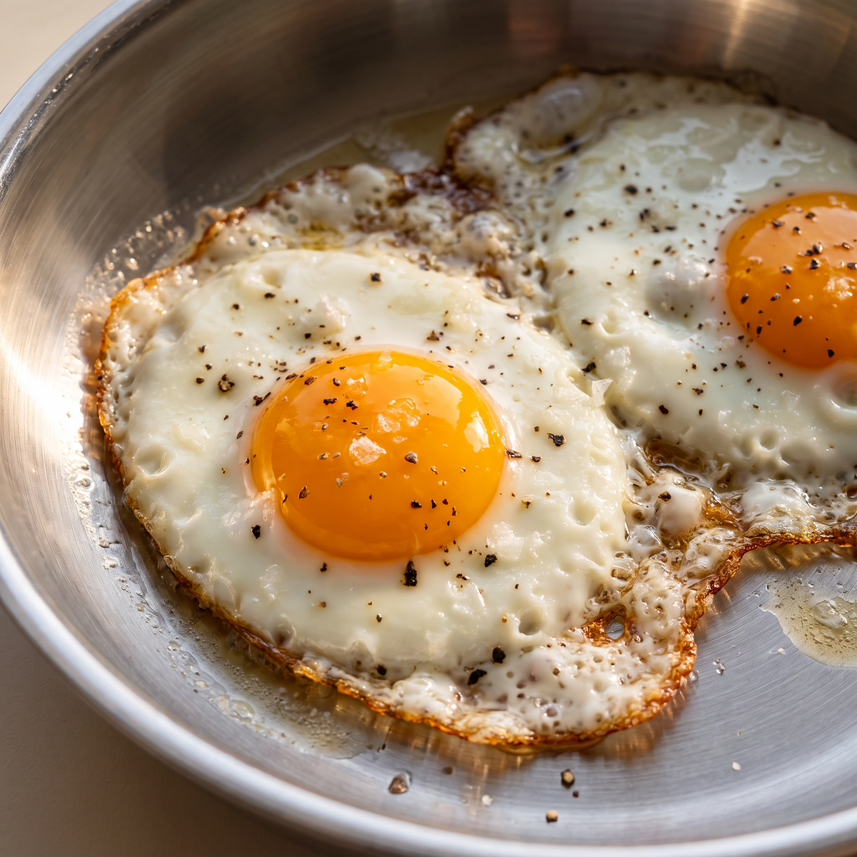Dos huevos fritos con los bordes dorados en la sartén de acero inoxidable de 22 cm