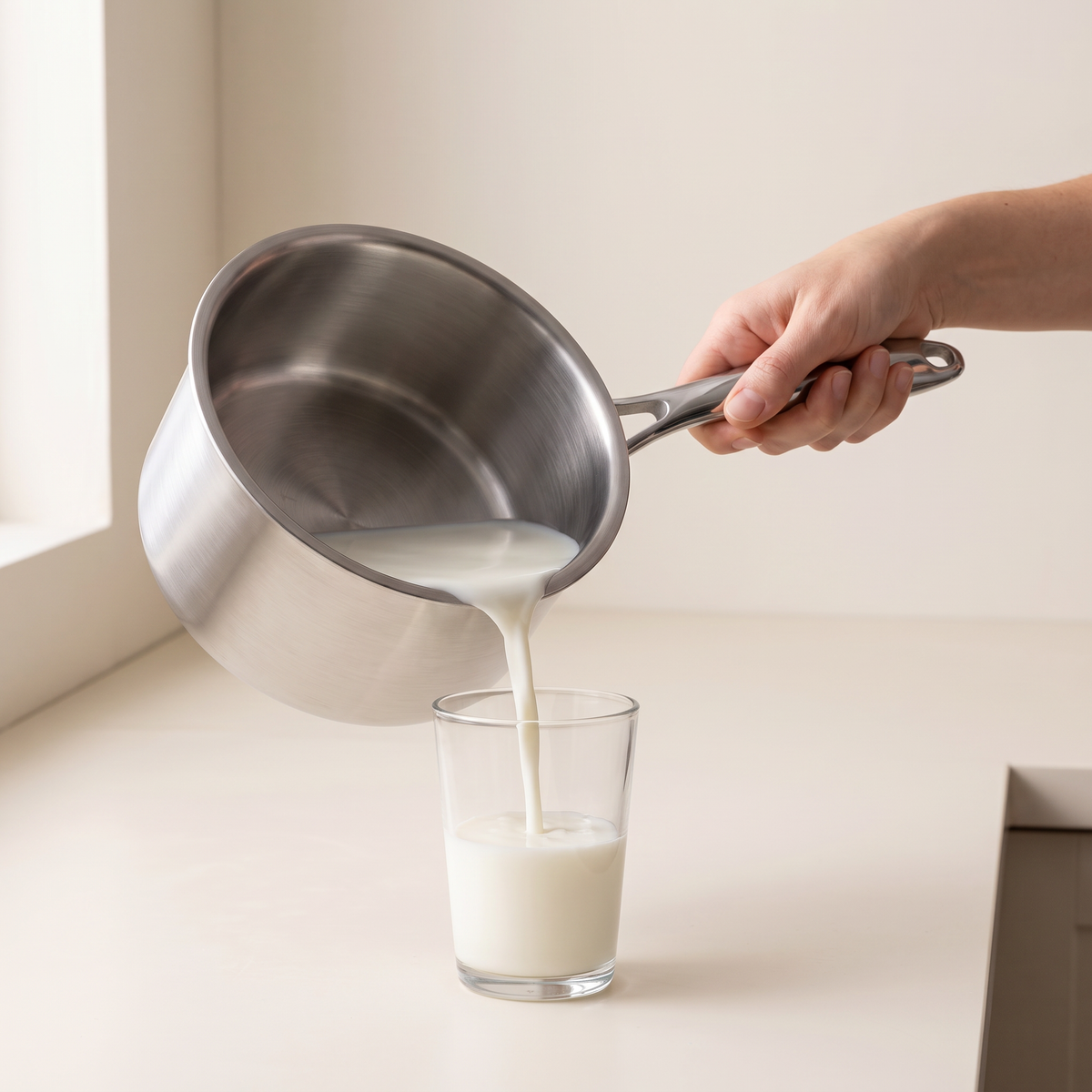 El cazo de acero inoxidable Marthe vertido a mano sobre un vaso