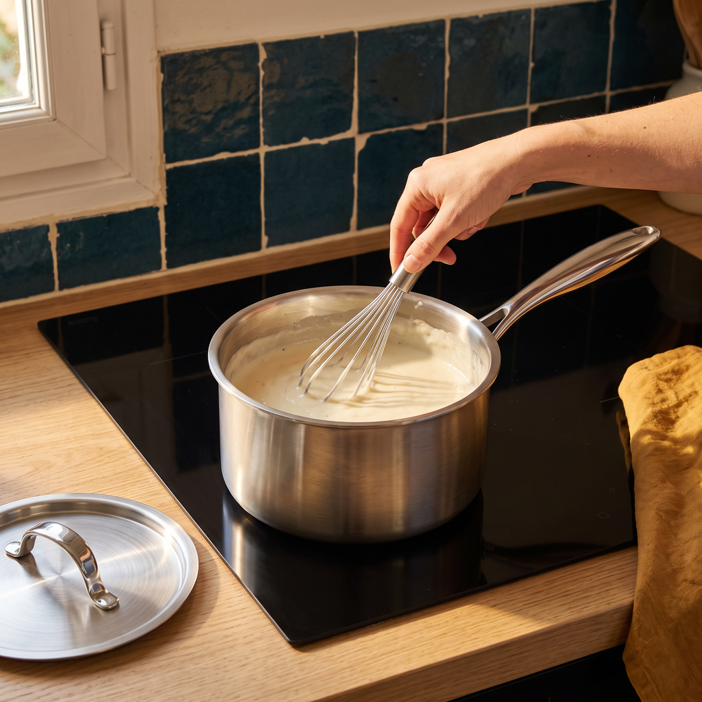Béchamel fouettée dans la casserole 20 cm du trio, sur plaque à induction