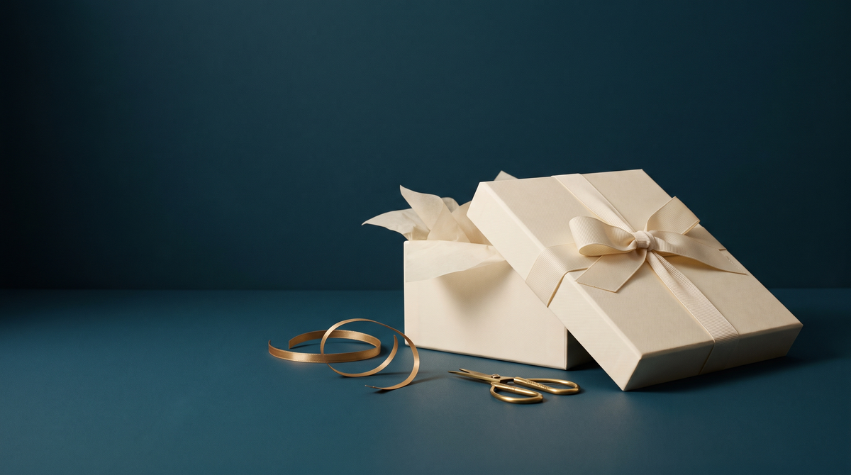 Caja de regalo color crema con lazo de latón, abierta sobre su papel de seda, fondo azul petróleo
