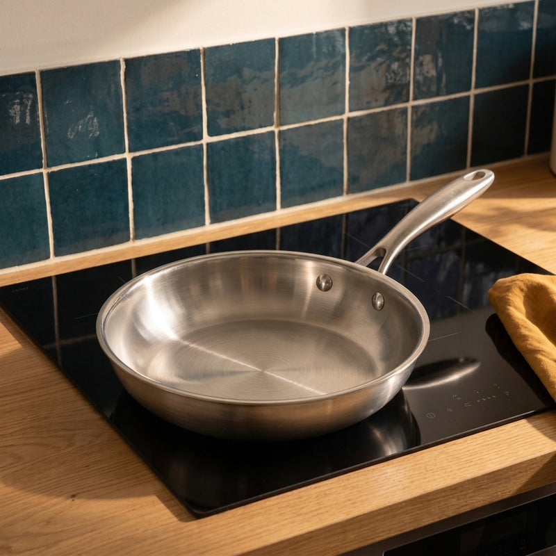 Poêle inox 26 cm Marthe posée sur une plaque à induction, cuisine en chêne et zellige bleu