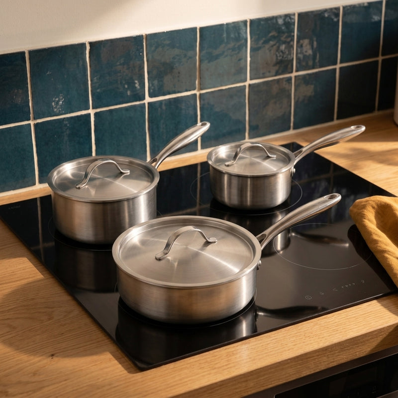Les trois casseroles Marthe 16, 18 et 20 cm avec leurs couvercles en acier, sur une plaque à induction
