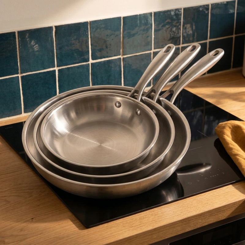 Les trois poêles inox Marthe emboîtées sur une plaque à induction, cuisine en chêne et zellige bleu